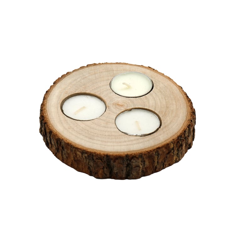 Camphor Wood Triple Tealight Holder with Rustic Bark Detail - Home Decor