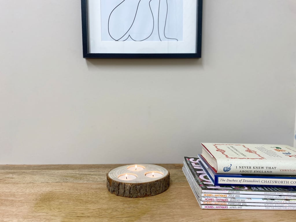 Camphor Wood Triple Tealight Holder with Rustic Bark Detail - Home Decor