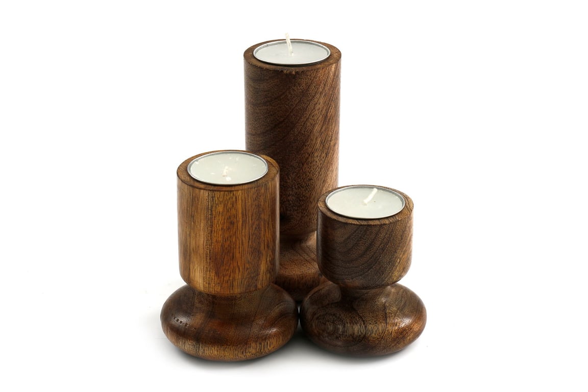 Set of Three Turned Mango Wood Candlestick Holders