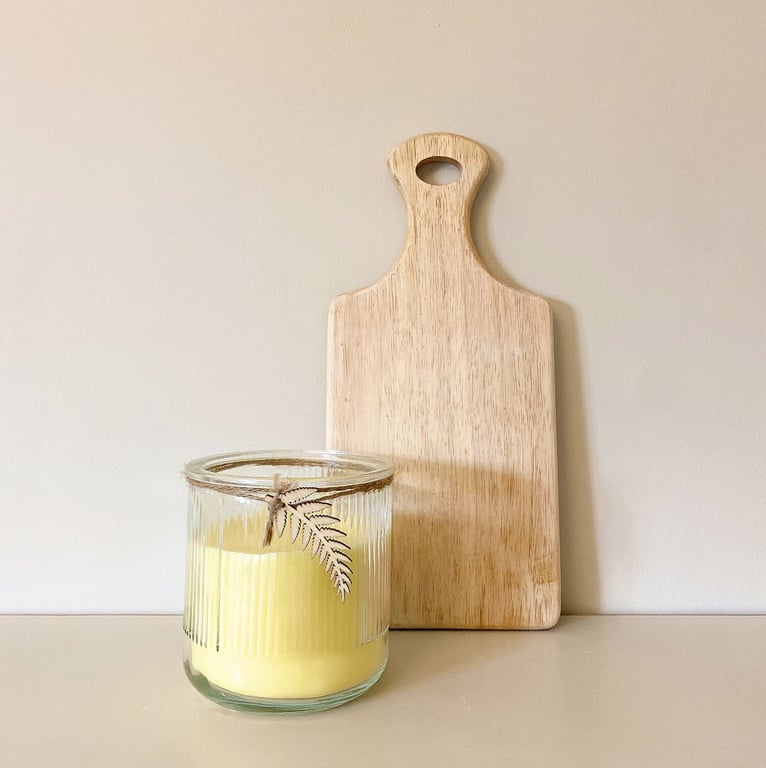 Ribbed Glass Citronella Double Wick Candle with Wooden Leaf Decoration - Summer Home Fragrance