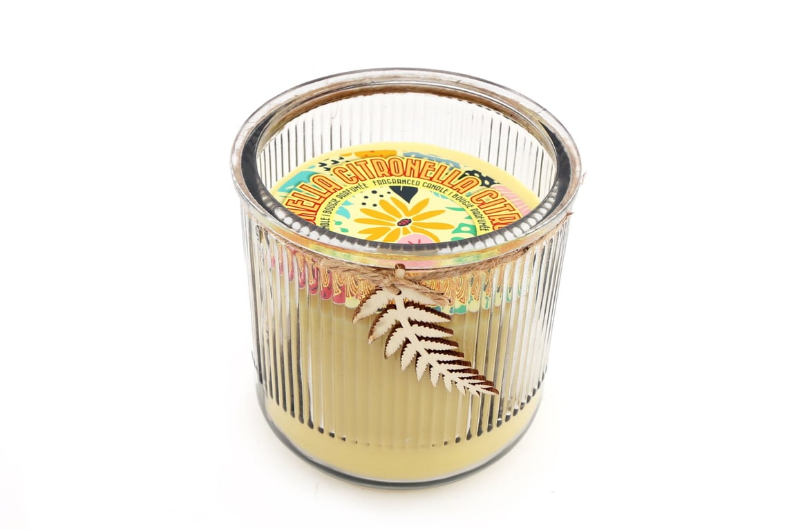 Ribbed Glass Citronella Double Wick Candle with Wooden Leaf Decoration - Summer Home Fragrance