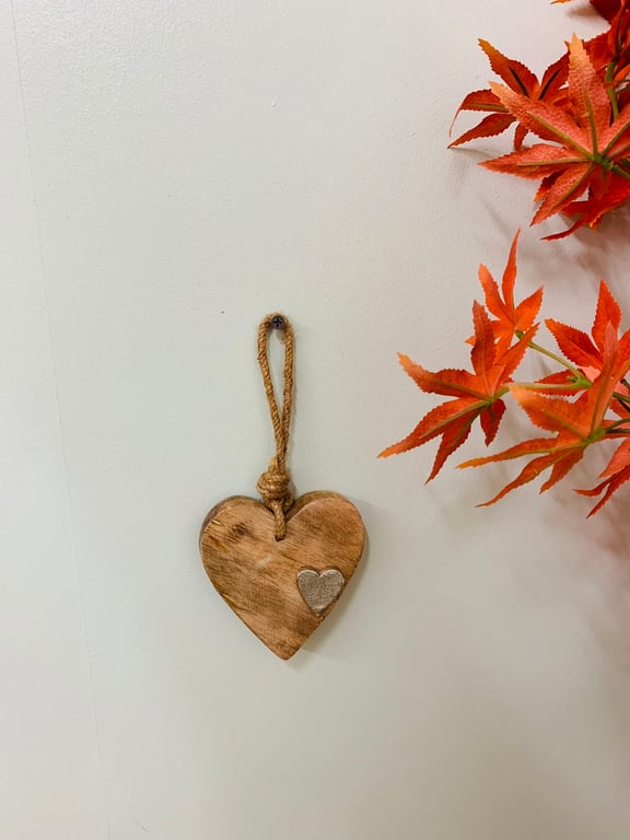 Wooden Hanging Heart With Silver Metal Accent - Natural Home Decor Decoration