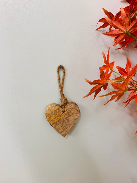 Wooden Hanging Heart With Silver Metal Accent - Natural Home Decor Decoration