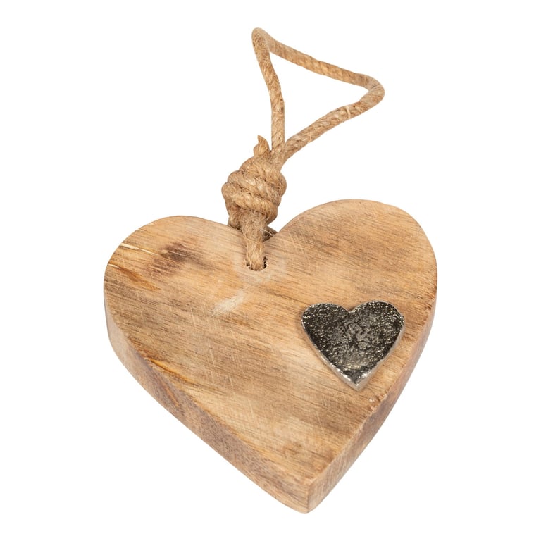 Wooden Hanging Heart With Silver Metal Accent - Natural Home Decor Decoration