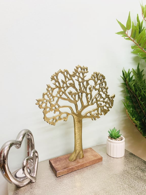 Antique Gold Tree on Wooded Base - Natural Home Decor Piece
