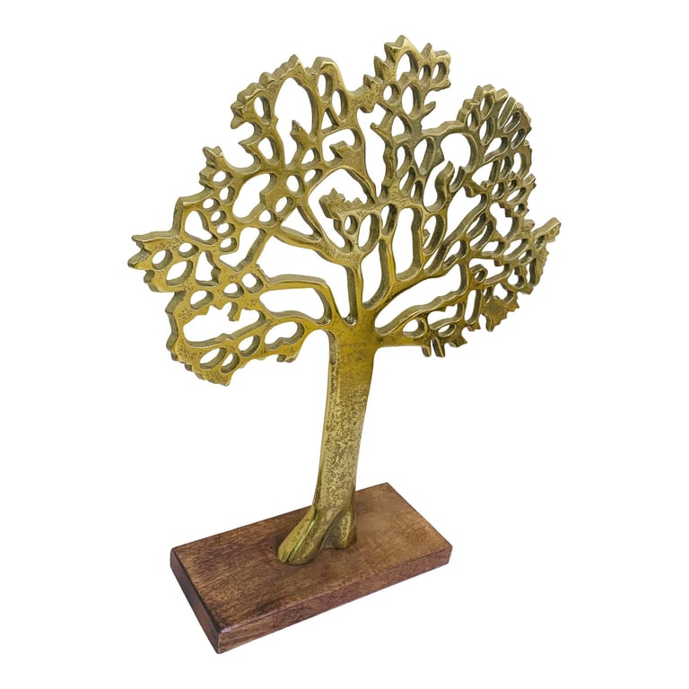 Antique Gold Tree on Wooded Base - Natural Home Decor Piece