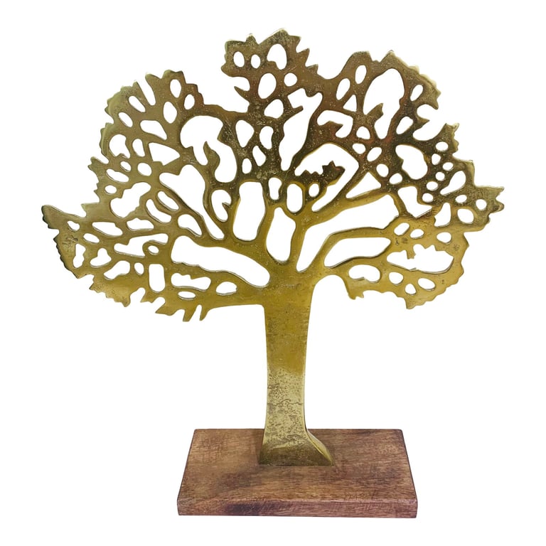 Antique Gold Tree on Wooded Base - Natural Home Decor Piece