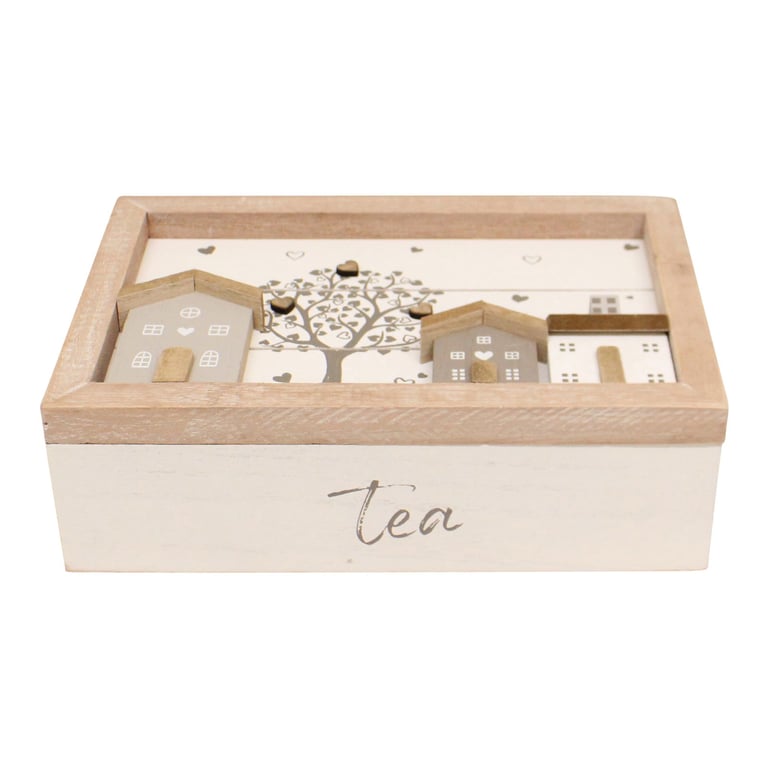 Paulownia Wood Tea Box - Wooden Houses Design with Hinged Lid and 6 Tea Storage Compartments