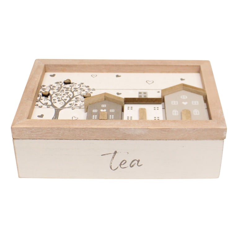 Paulownia Wood Tea Box - Wooden Houses Design with Hinged Lid and 6 Tea Storage Compartments