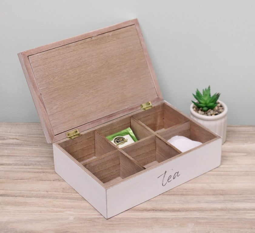Paulownia Wood Tea Box - Wooden Houses Design with Hinged Lid and 6 Tea Storage Compartments