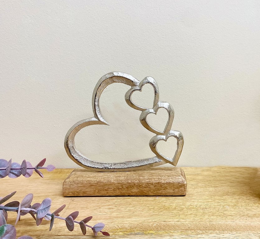 Metal Silver Heart Ornament on Wooden Base - Shabby Chic Home Decor