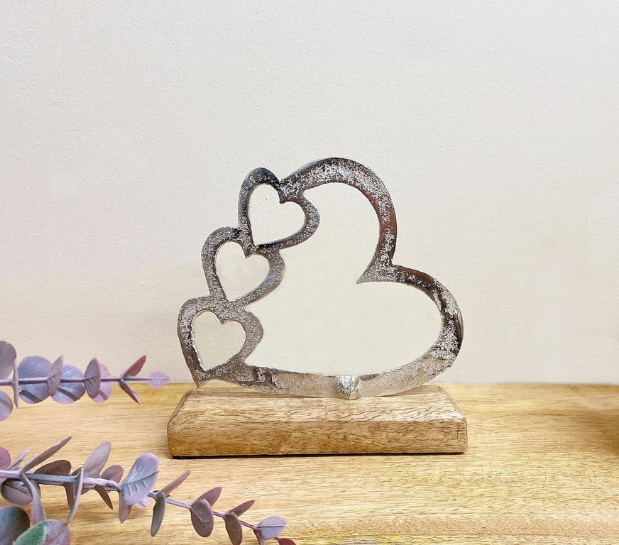 Metal Silver Heart Ornament on Wooden Base - Shabby Chic Home Decor