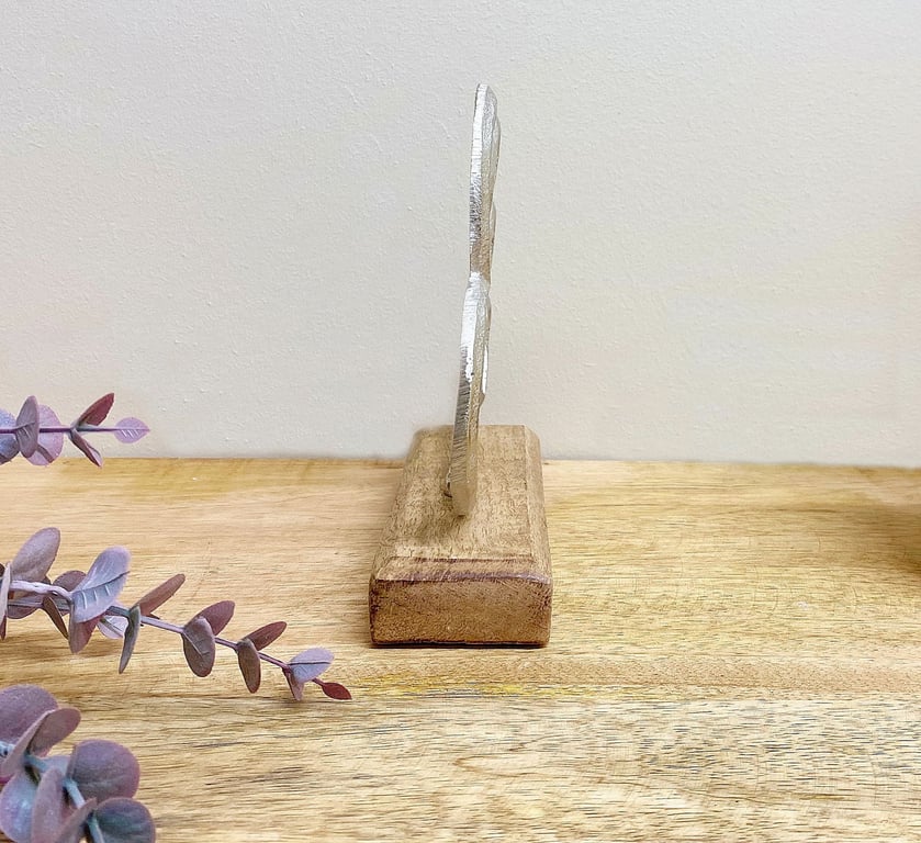 Metal Silver Heart Ornament on Wooden Base - Shabby Chic Home Decor