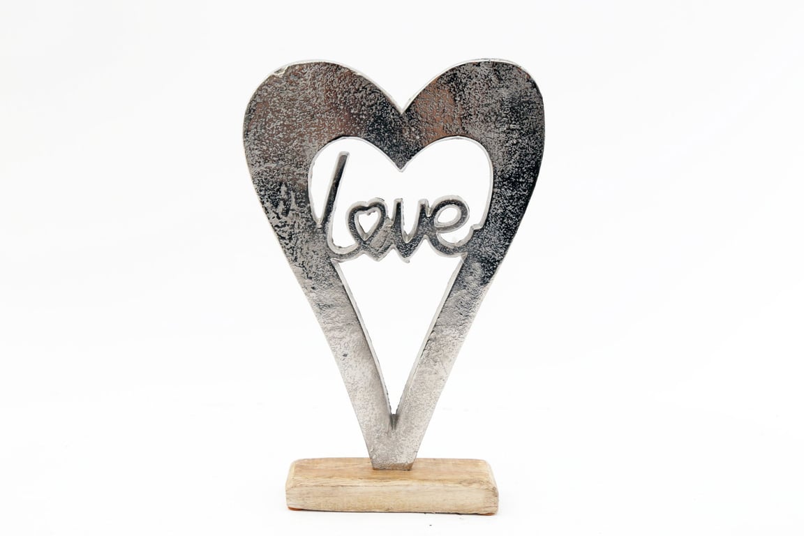 Large Silver Heart Decor on Wooden Base - Love On A Plaque Home Decor