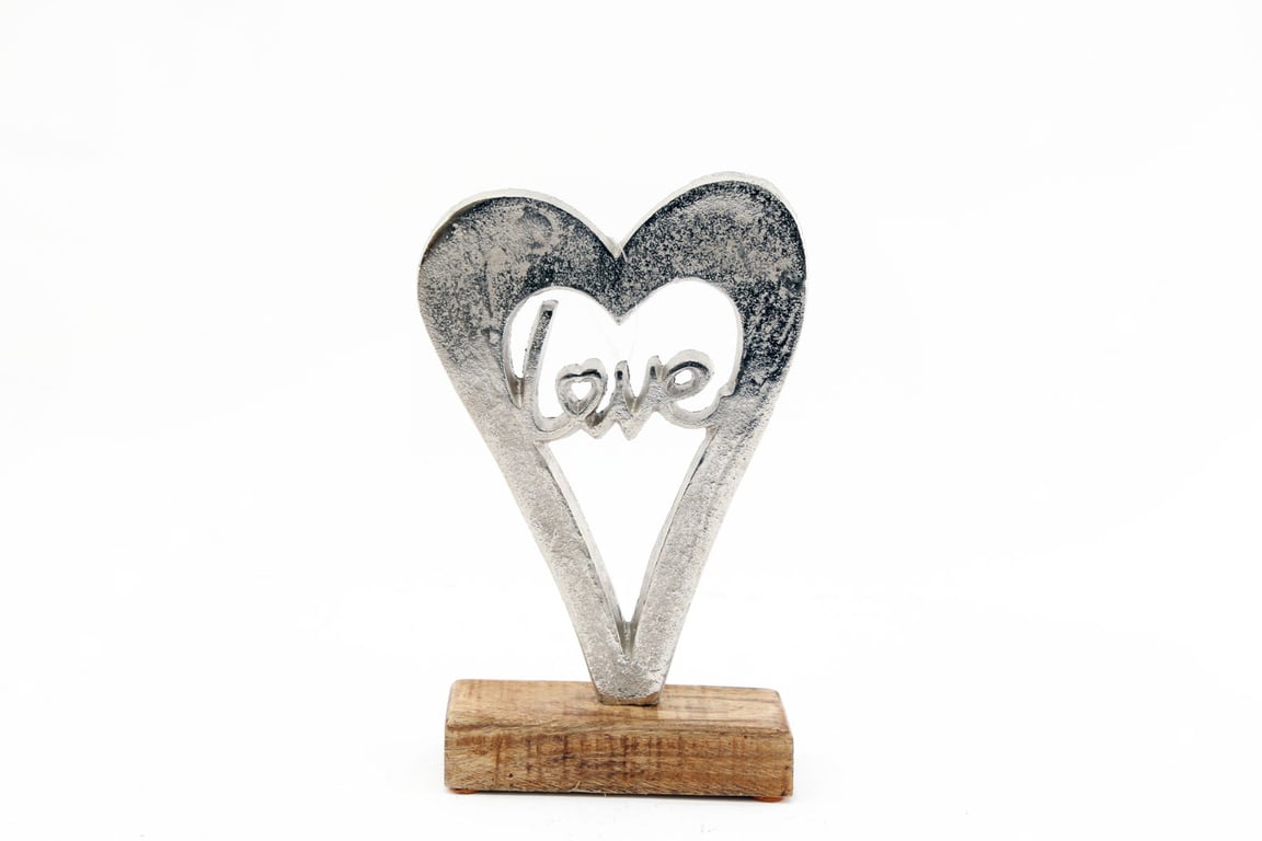 Silver Metal Heart on Wooden Base - Small Home Decor Gift with Love Plaque