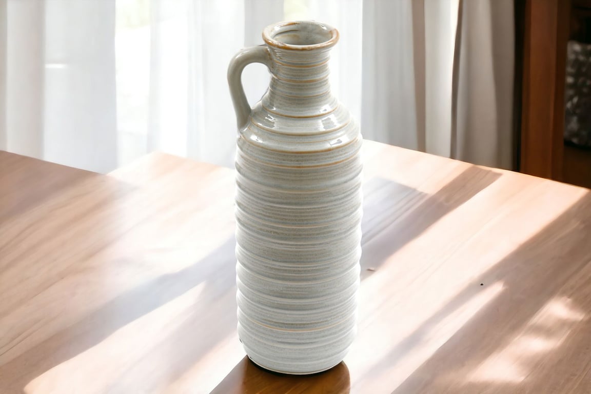 Ceramic Grey Ribbed Vase With Handle - Modern Home Decor Accent Piece