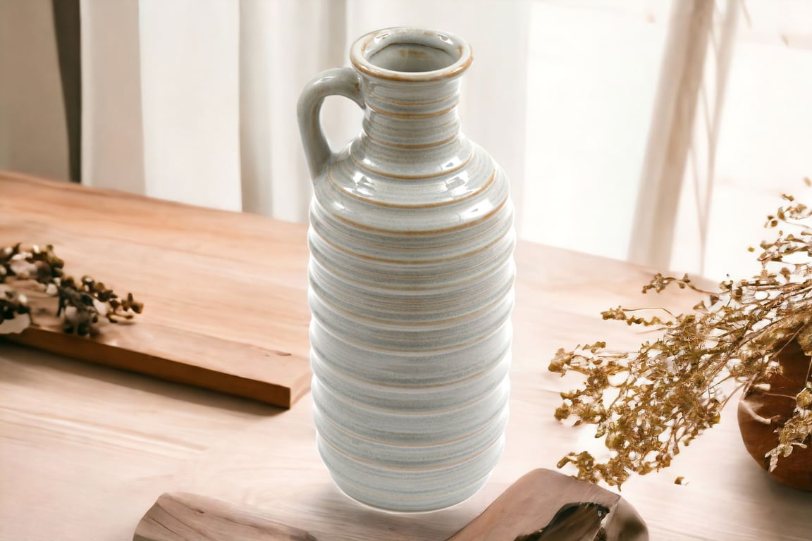 Ceramic Grey Ribbed Vase With Handle 27cm - Modern Home Decor Accent
