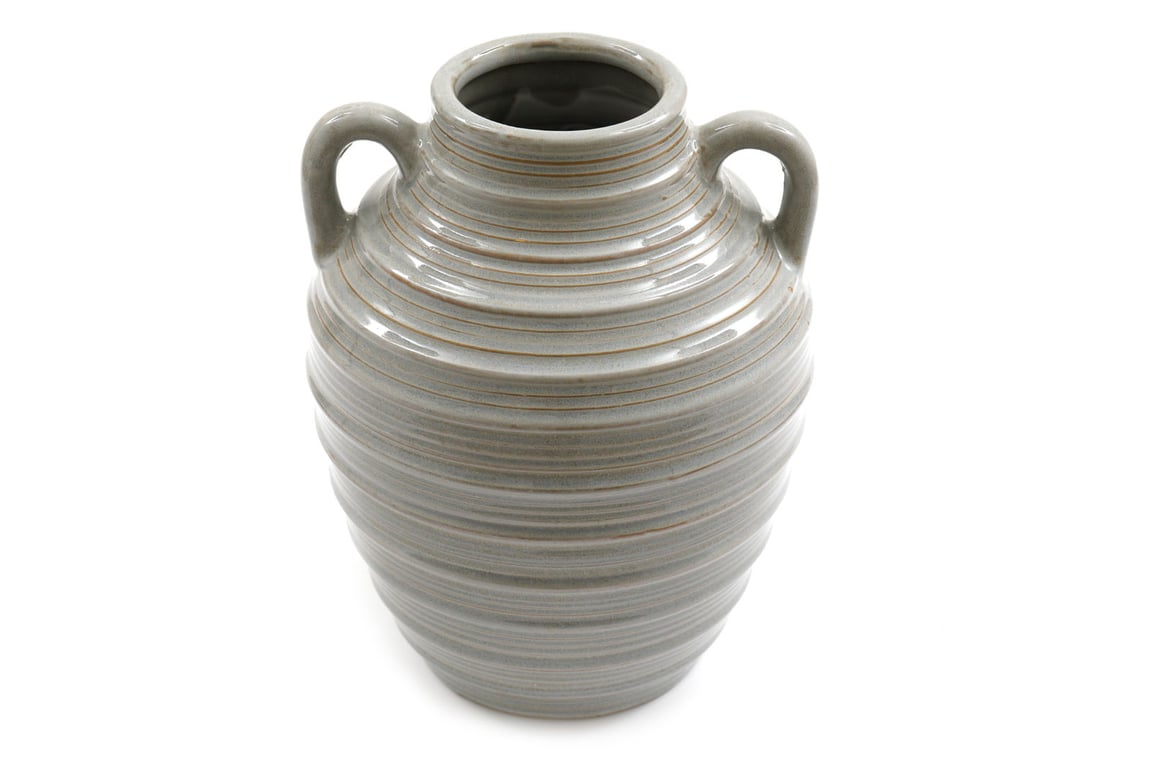 Ceramic Grey Ribbed Vase With Handles - Modern Home Decor Accent