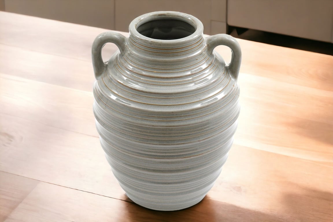 Ceramic Grey Ribbed Vase With Handles - Modern Home Decor Accent