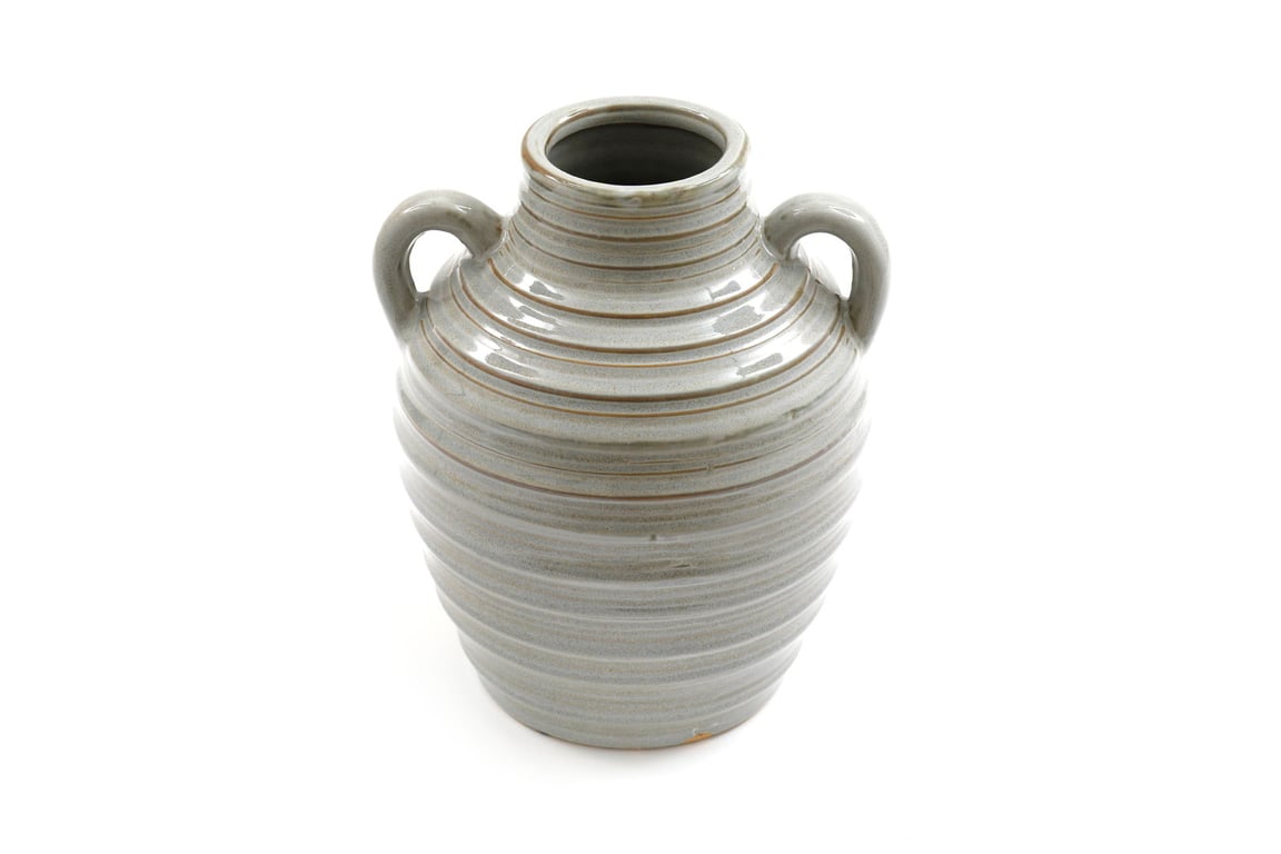 Ceramic Grey Ribbed Vase with Handles - Elegant Home Decor Accent