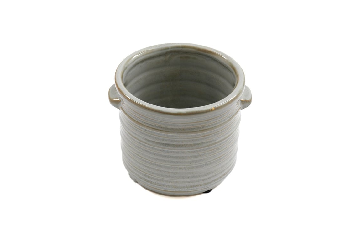 Ceramic Grey Ribbed Planter with Handles - Contemporary Indoor Gardening Container