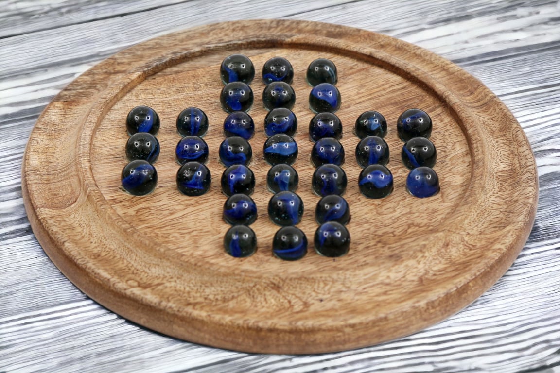 Mango Wood Solitaire Game Set - 33 Blue Balls & Wooden Board