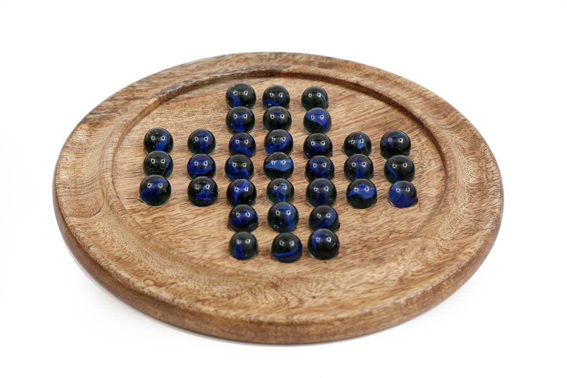 Mango Wood Solitaire Game Set - 33 Blue Balls & Wooden Board