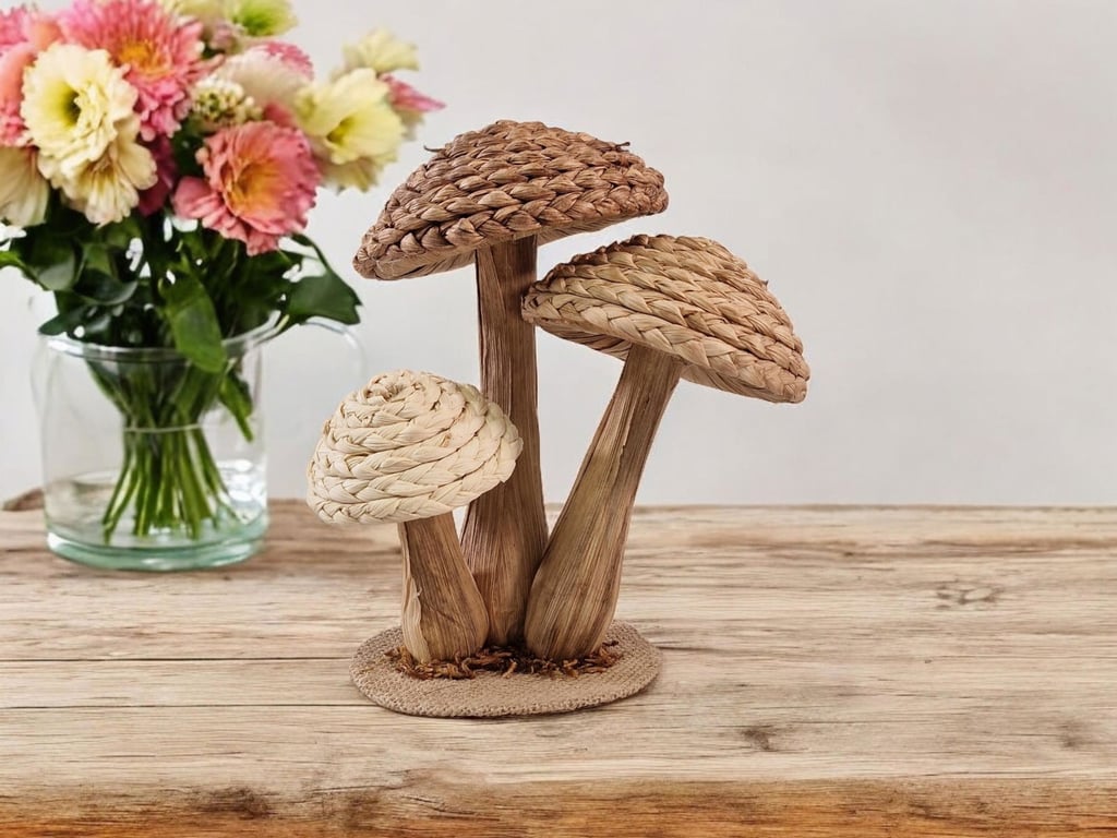 Rattan Trio Mushroom Ornament - Handwoven Rustic Home Decor