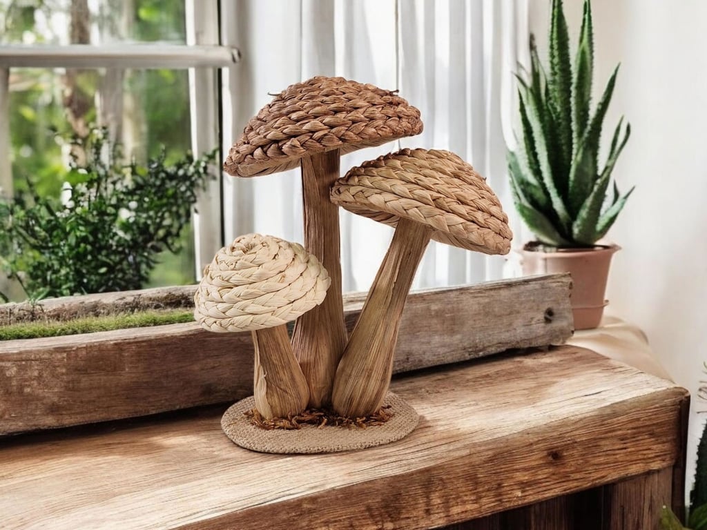 Rattan Trio Mushroom Ornament - Handwoven Rustic Home Decor