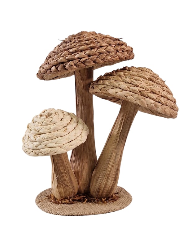 Rattan Trio Mushroom Ornament - Handwoven Rustic Home Decor
