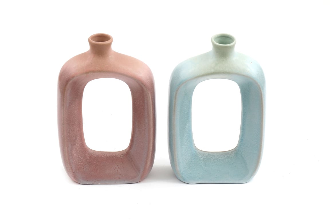 Doughnut Bud Vases Large - Set of 2 Ceramic Decorative Vases in Matt Blue and Pink