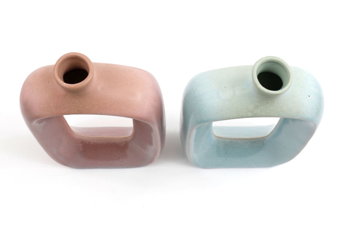 Doughnut Bud Vases Large - Set of 2 Ceramic Decorative Vases in Matt Blue and Pink