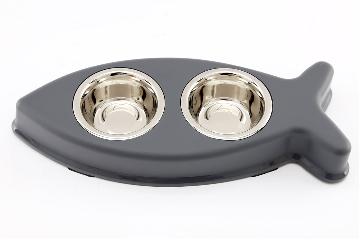 Fish Shaped Double Pet Bowls with Easy Cleaning Stainless Steel Dishes