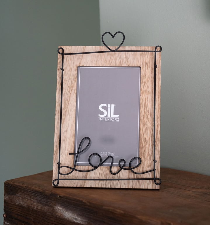 Wooden Photo Frame - Rustic Wood and Black Wire Love Script 5x7 Portrait Frame