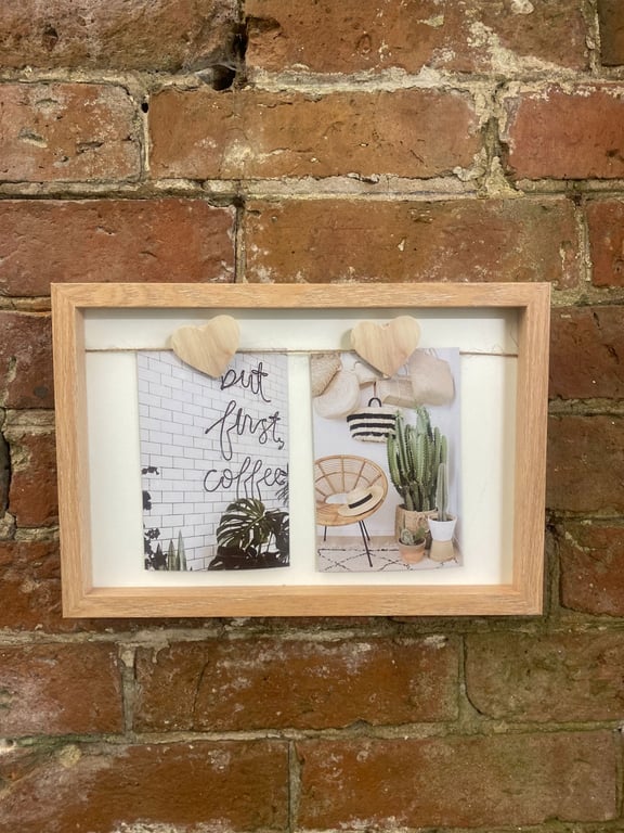 Two Heart Peg Natural Wood 4x6 Photo Frame with Carved Heart Decoration and String Hanging