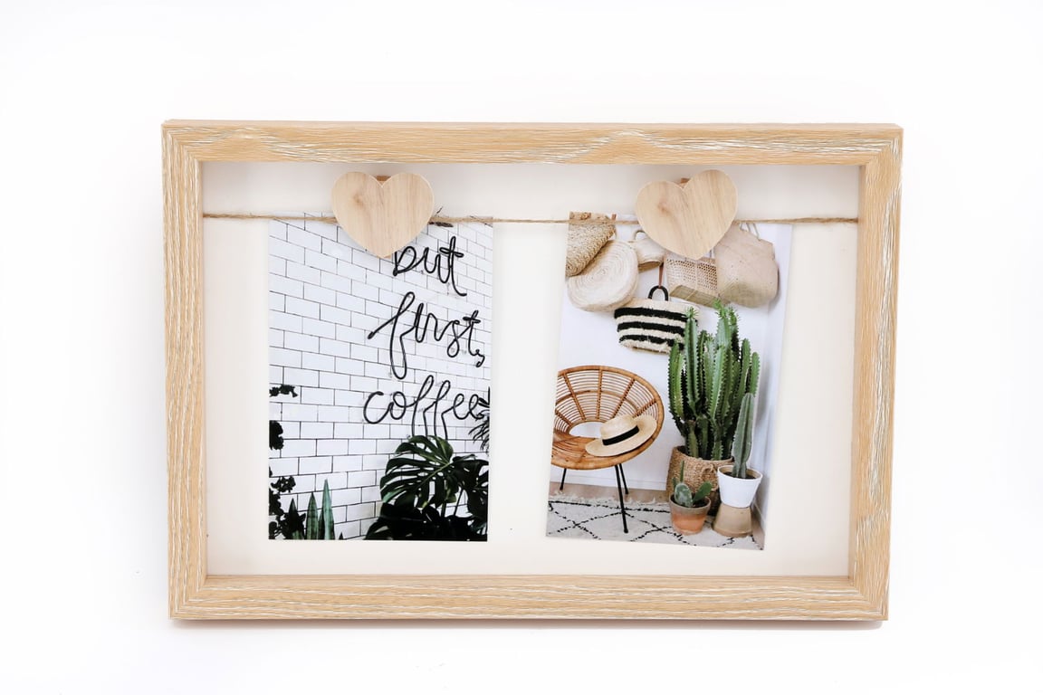 Two Heart Peg Natural Wood 4x6 Photo Frame with Carved Heart Decoration and String Hanging