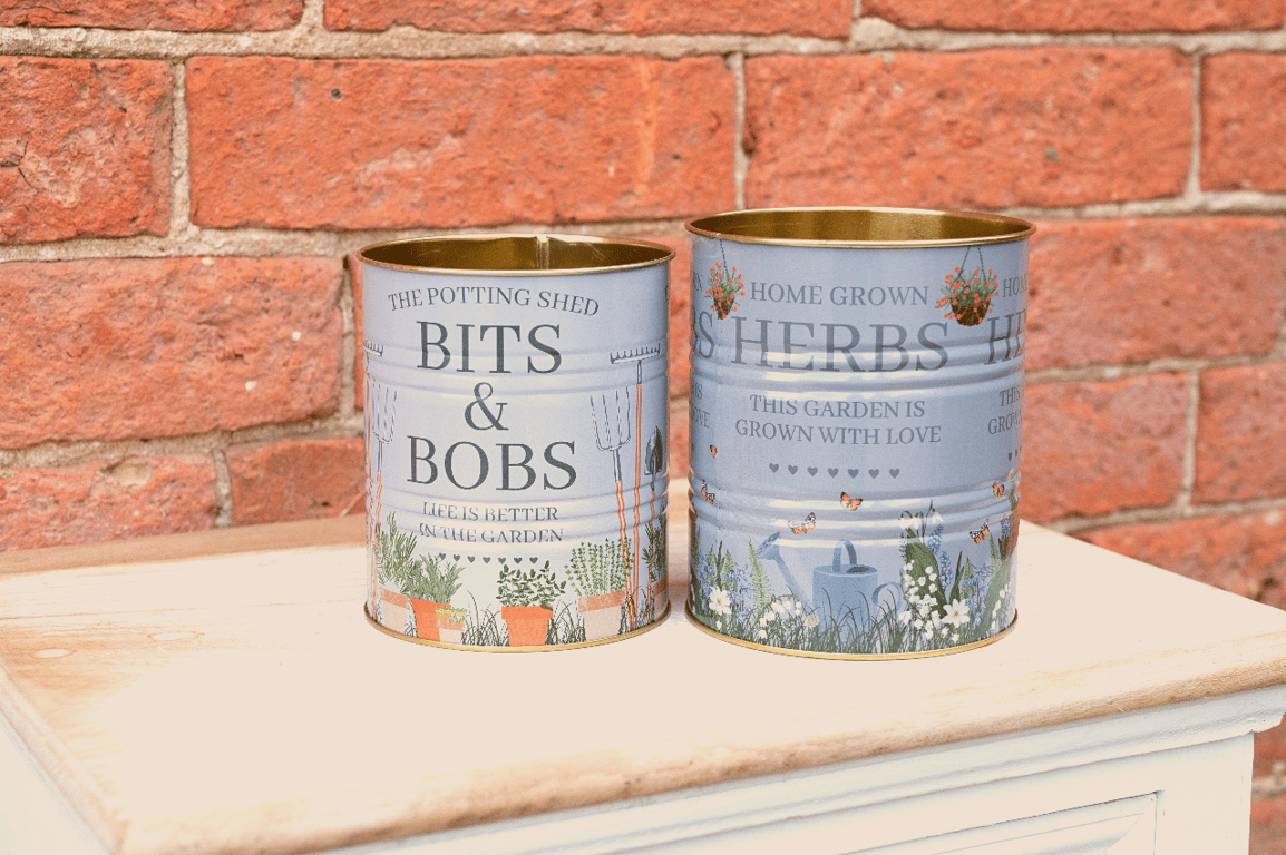 Potting Shed Storage Tins Set of Two - Herb and Bits & Bobs Containers for Gardening Tools and Planters