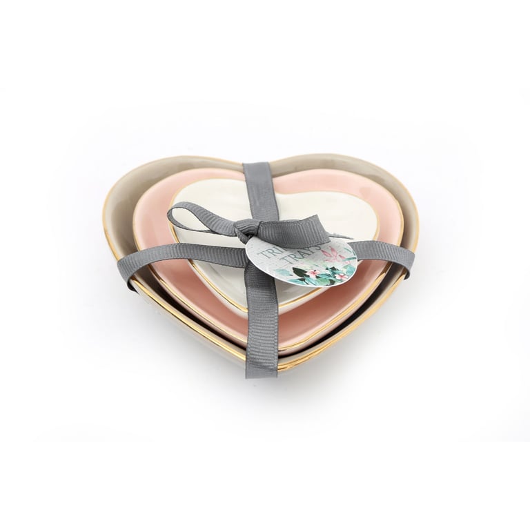Porcelain Heart Trinket Set with Gold Edge - Grey, Pink & White Dishes
