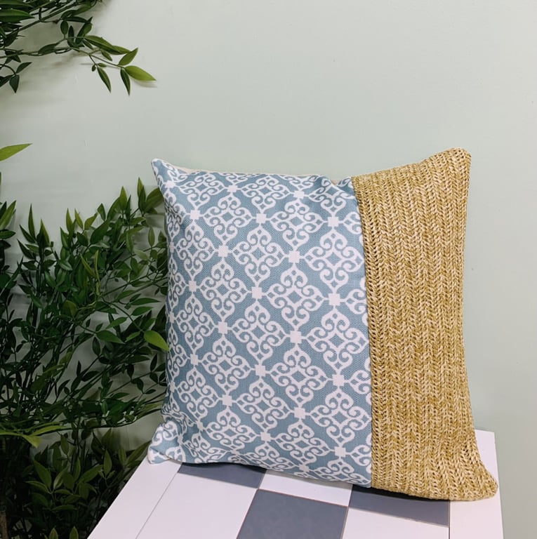 Serenity Print Square Cushion Grey - Fully Filled 4x39cm Hessian Band Cushion for Living Room or Bedroom