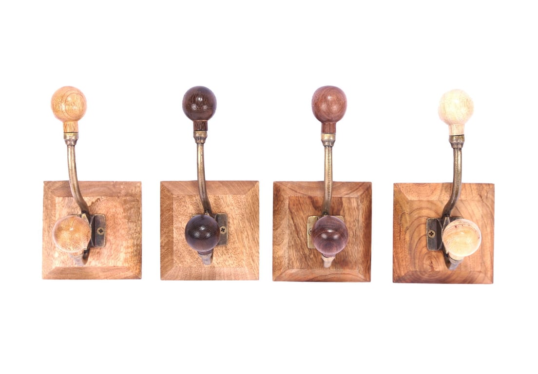 Sussex Style Double Coat Hooks - Natural Wood & Brass Design