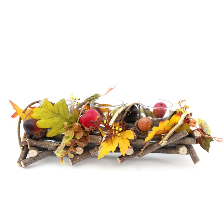 Wooden Woodland Triple Tea Light Holder - Intertwined Vines and Artificial Leaves Decoration