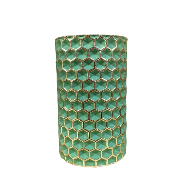 Green Honeycomb Glass Vase - Elegant Gold Edged Cylinder Home Decor Accent