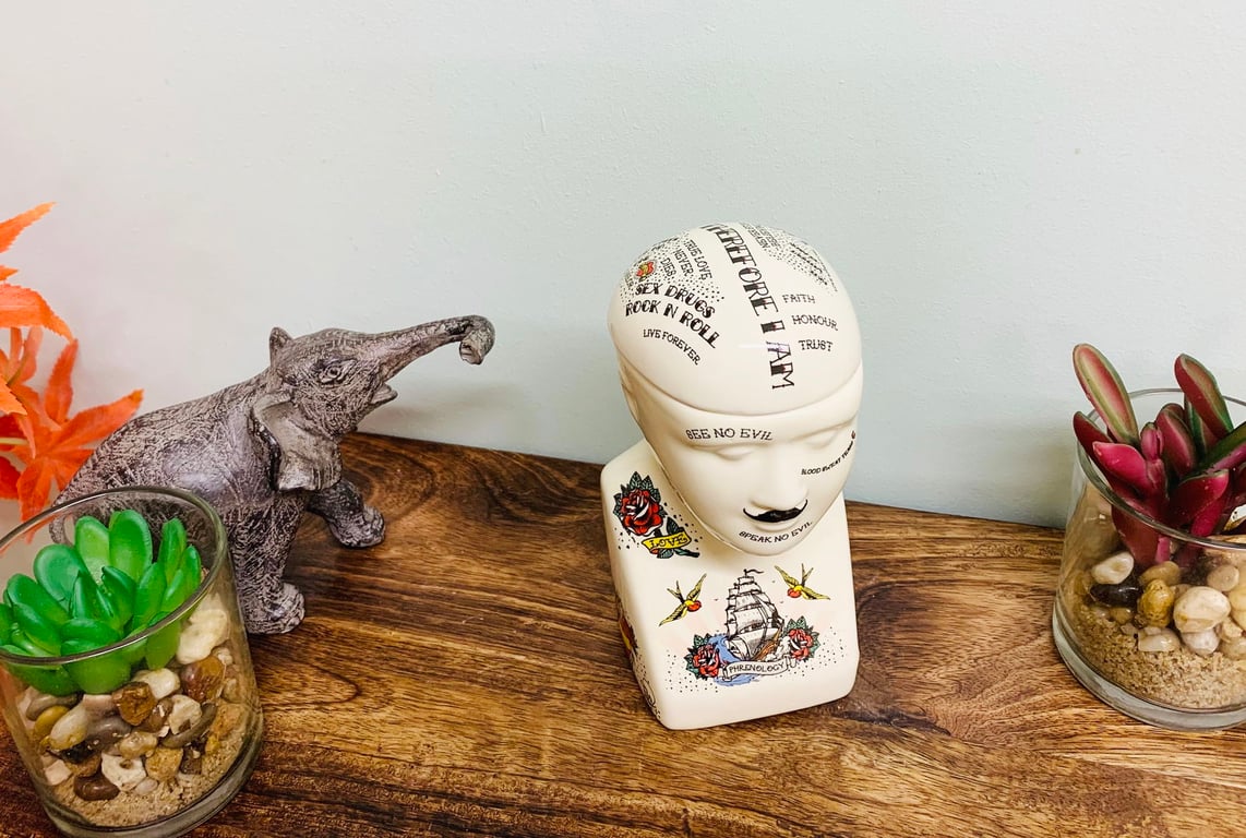 Ceramic Phrenology Head Storage Jar - Quirky Home Decor Container, 225ml Volume