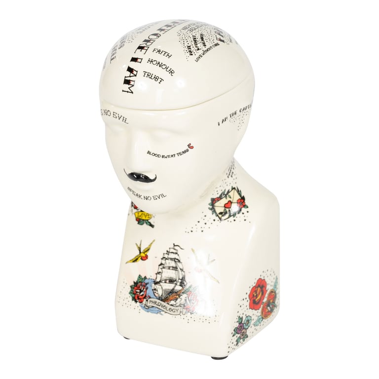Ceramic Phrenology Head Storage Jar - Quirky Home Decor Container, 225ml Volume
