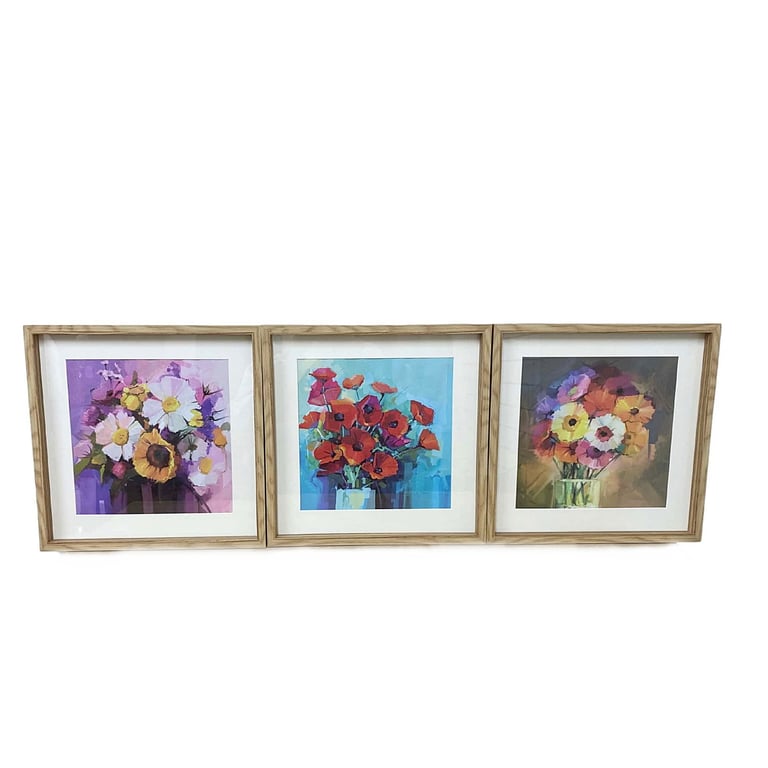 Set of Three Wooden Sunburst Frames with Colourful Floral Prints