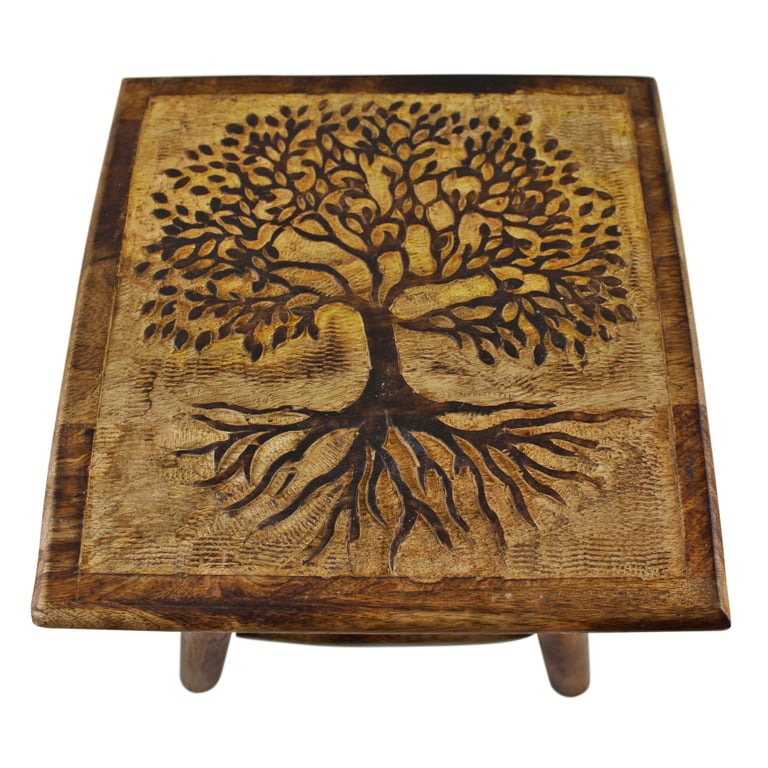 Tree of Life Hand Carved Mango Wood Stool - Small Wooden Seat for Display or Child s Use