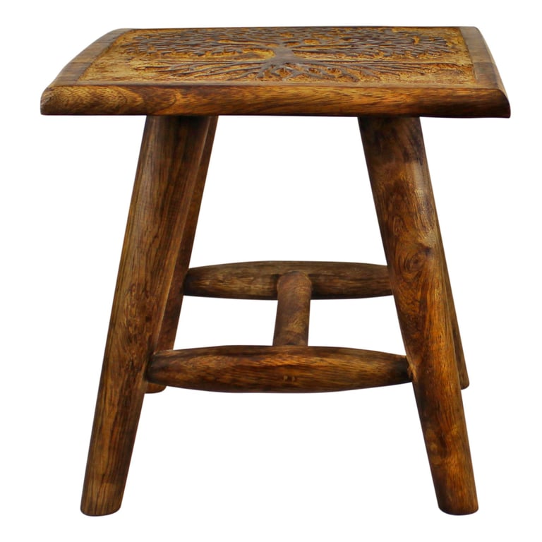 Tree of Life Hand Carved Mango Wood Stool - Small Wooden Seat for Display or Child s Use