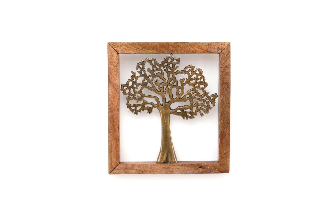 Gold Wall Hanging Tree In Wooden Frame - Brass Effect Decoration For Home Decor