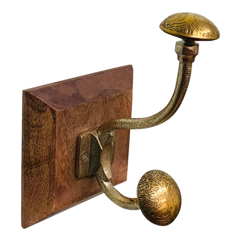 Tree of Life Hook - Wooden Wall Mount with Brass Effect Hooks and Intricate Design