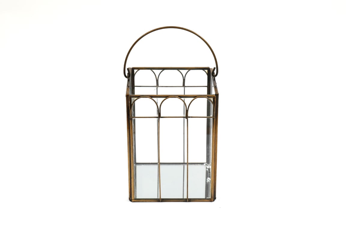 Antique Gold Mirrored Candle Lantern with Glass Panels - Indoor/Outdoor Decor